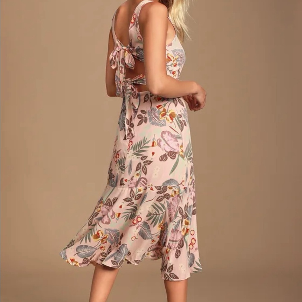 Lulus Island Sun Blush Pink Tropical Print Tie-back Midi Dress - Size M - Picture 4 of 6